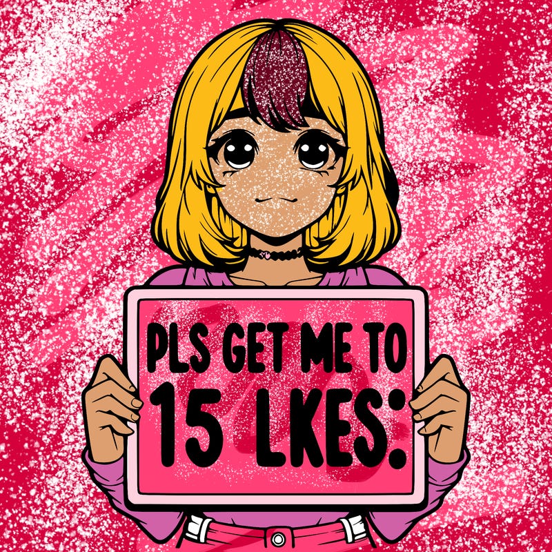 realistic girl holding up a sign that says “pls get me to 15 likes!”