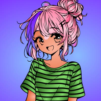 anime girl teenager striped shirt and smile and messy bun