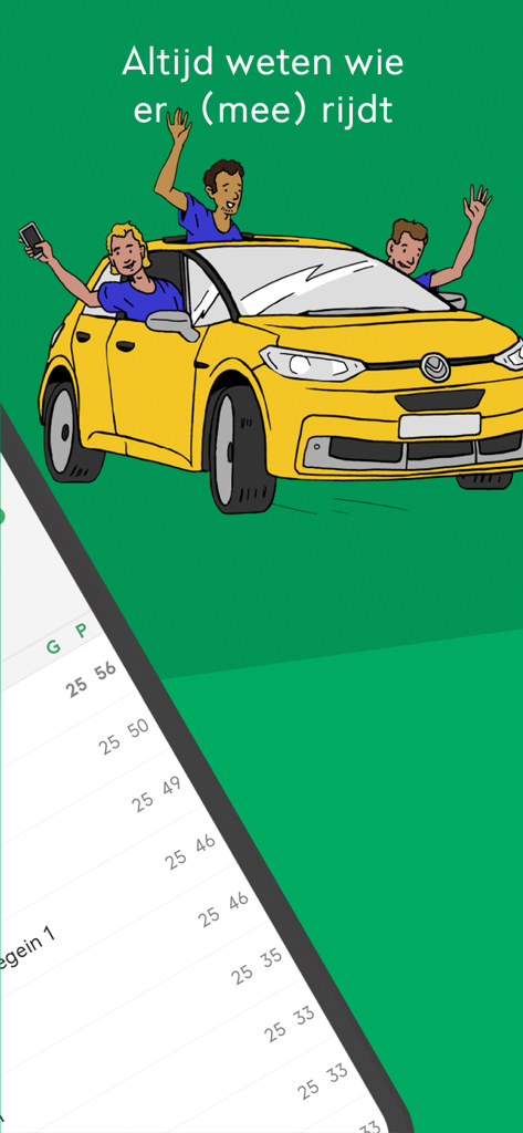 Cartoon of teammates carpooling to a soccer game in the Voetbal.nl app