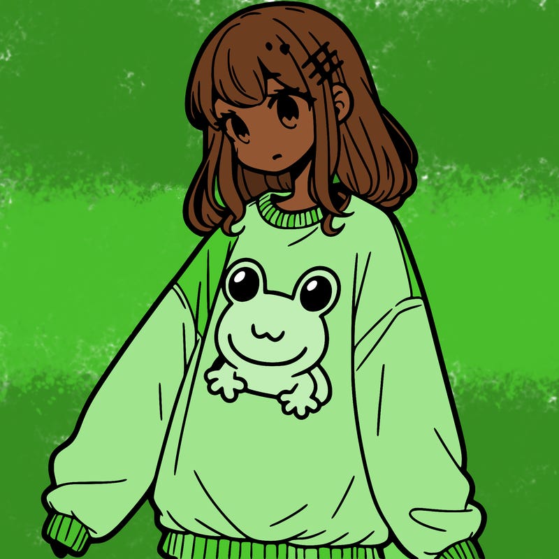 girl wearing frogging sweatshirt
