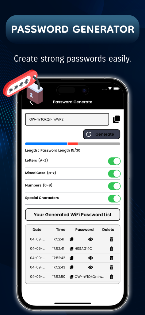 Router Password : WIFI Connect - Interfaz de aplicación móvil que muestra un generador de contraseñas con opciones para tipos de caracteres y una lista de contraseñas generadas.