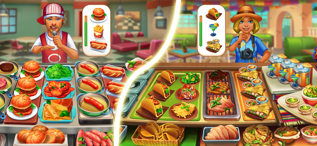 Cooking Time: Cooking Game - Pantalla dividida que muestra niveles de restaurante de hamburguesas y tacos en el juego Cooking Time