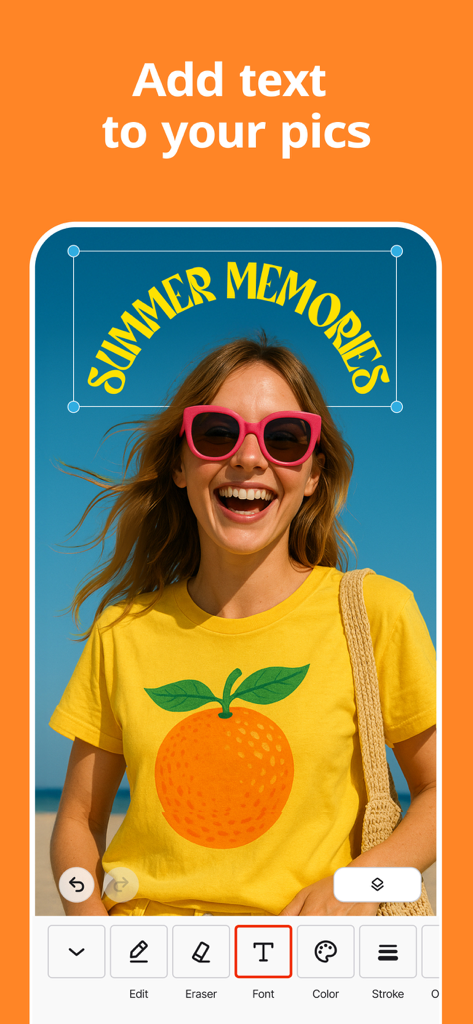 Interfaz de la aplicación Photo Up que muestra a un usuario añadiendo texto curvo amarillo que dice Recuerdos de Verano a una foto de una mujer sonriente en la playa.