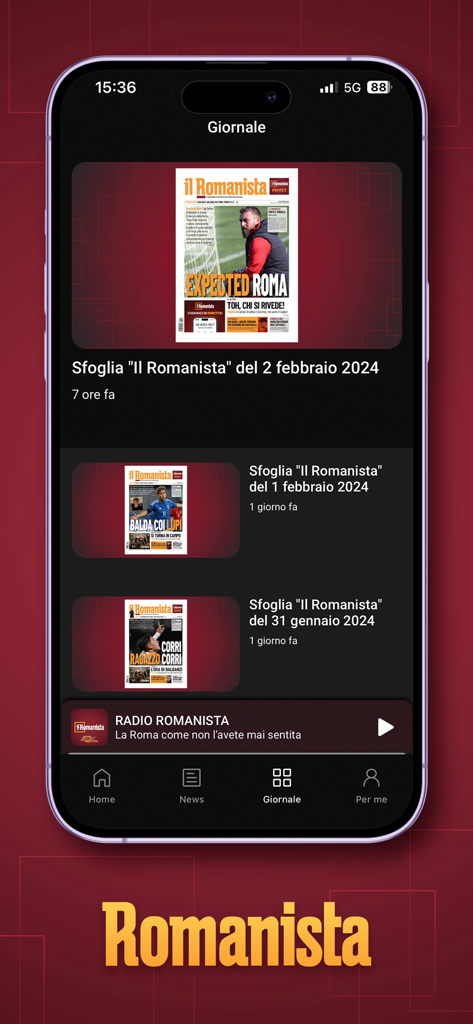 App Romanista - Arquivo digital do jornal Il Romanista dentro da interface móvel do App Romanista