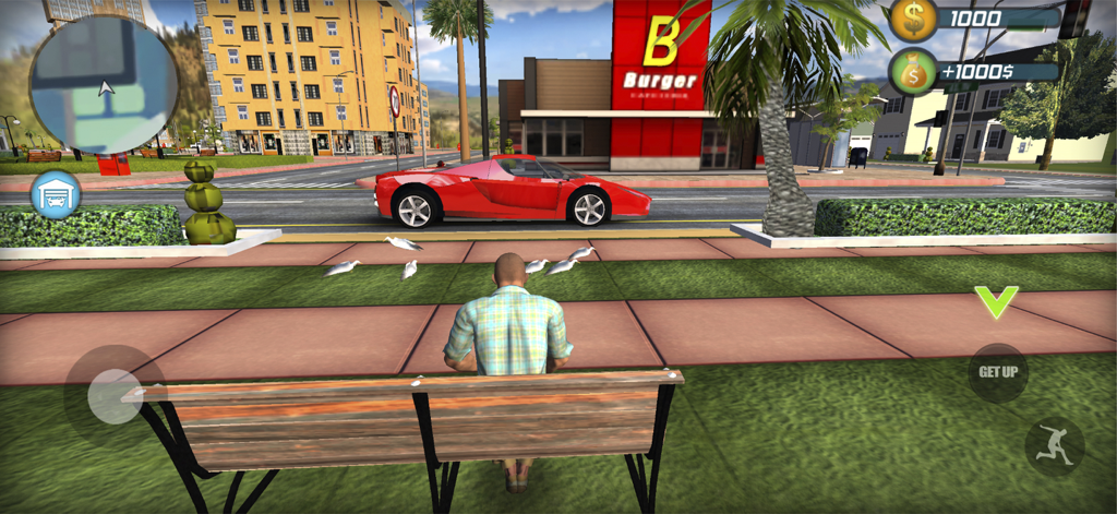 A player character sitting on a park bench near a red sports car in a sunny city