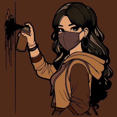 realistic girl with mask spray painting a wall