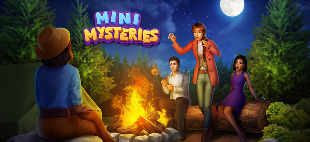 Puzzle Adventure Mysteries - ミニミステリーズモバイルゲームで、満月の夜にキャンプファイヤーの周りで物語を語るキャラクターたち。