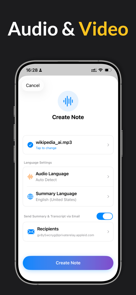 Fast Rekap - AI Meeting Notes - Captura de pantalla de la pantalla Crear nota en la aplicación Fast Rekap mostrando la selección de archivos de audio y la configuración de idioma para la transcripción.