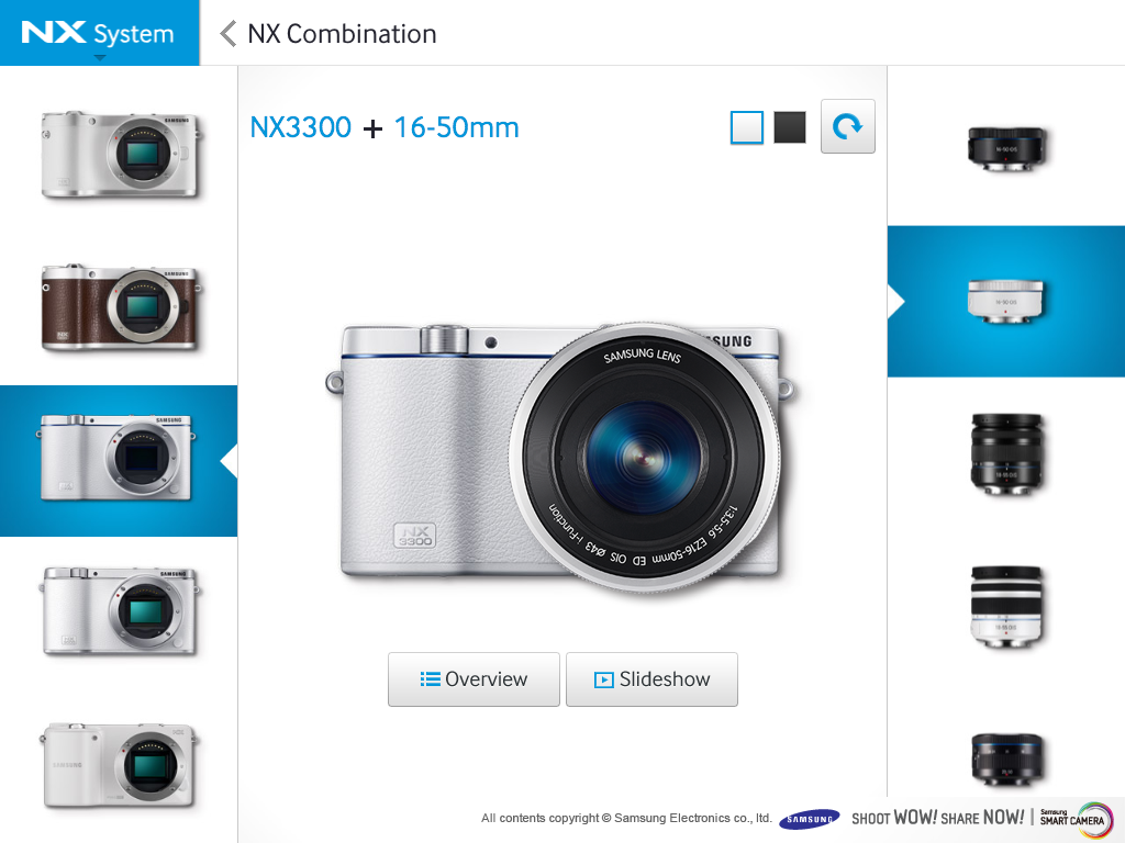 Interface of the NX Combination feature in the Samsung SMART CAMERA NX app showing a white NX3300 camera with a 16-50mm lens