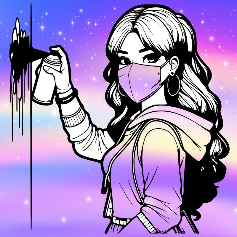 realistic girl with mask spray painting a wall