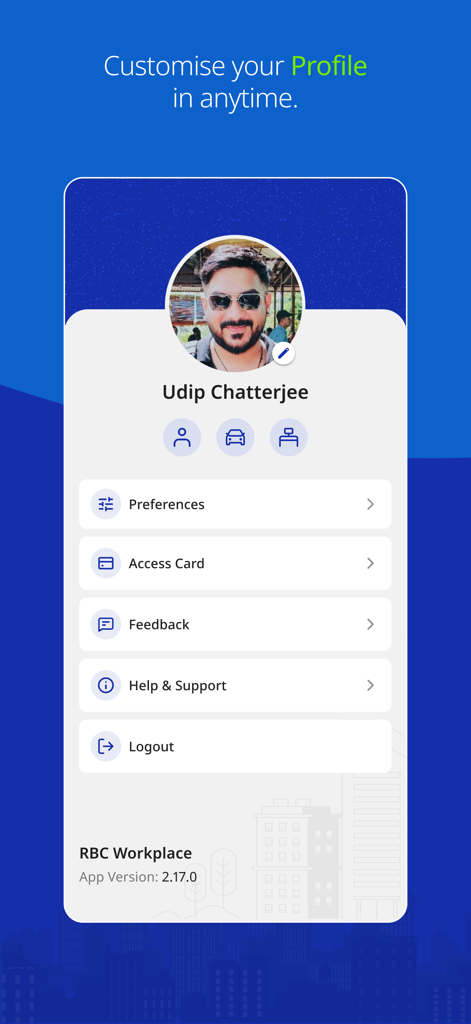RBC Workplace - Interfaz de perfil de la aplicación RBC Workplace que muestra la configuración del usuario y las opciones de cuenta