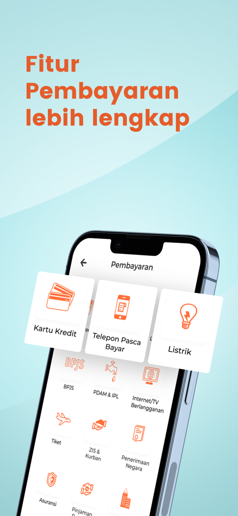 Interface of the BNI SMS Banking app displaying various payment categories including credit cards phone bills and utility payments