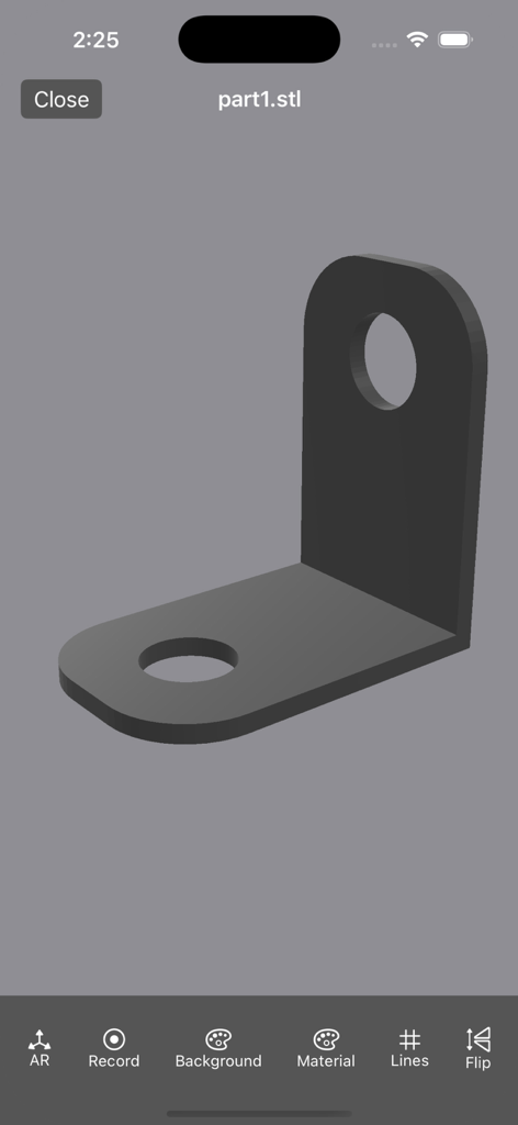 iPhone screenshot showing a 3D L-shaped bracket model inside the 3D Model Viewer app interface