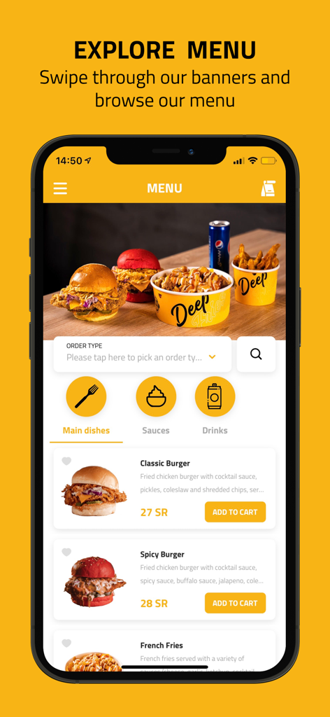 DEEP FRIES | ديب فرايز - Menu screen of the Deep Fries app showing burger options and food categories.