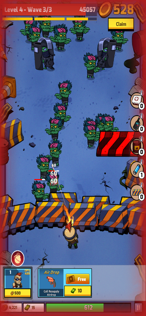 A survivor hero defending a barricade against waves of green zombies in the mobile game Zombie Idle Defense.
