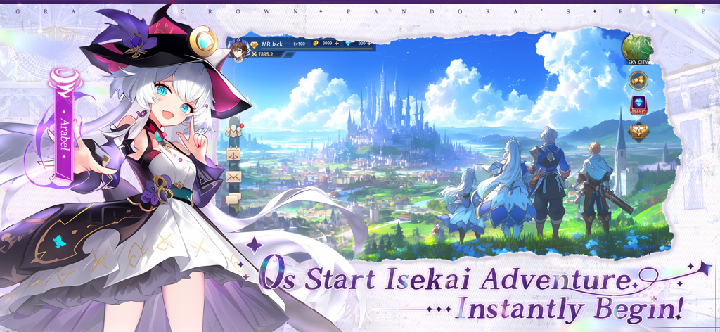 Anime character Arabel overlooking a fantasy castle in Grand Crown Pandoras Fate