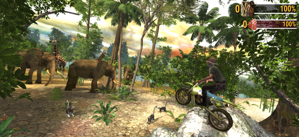 Safari: Evolution-U - A player riding a motorbike through a safari landscape with elephants and giraffes