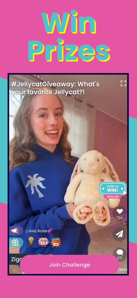 A young girl holding a plush bunny in a Zigazoo app video challenge to win prizes.