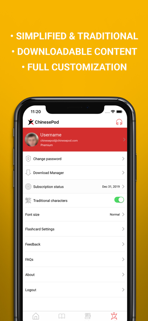 ChinesePod app profile and settings screen showing customization options for language and downloads