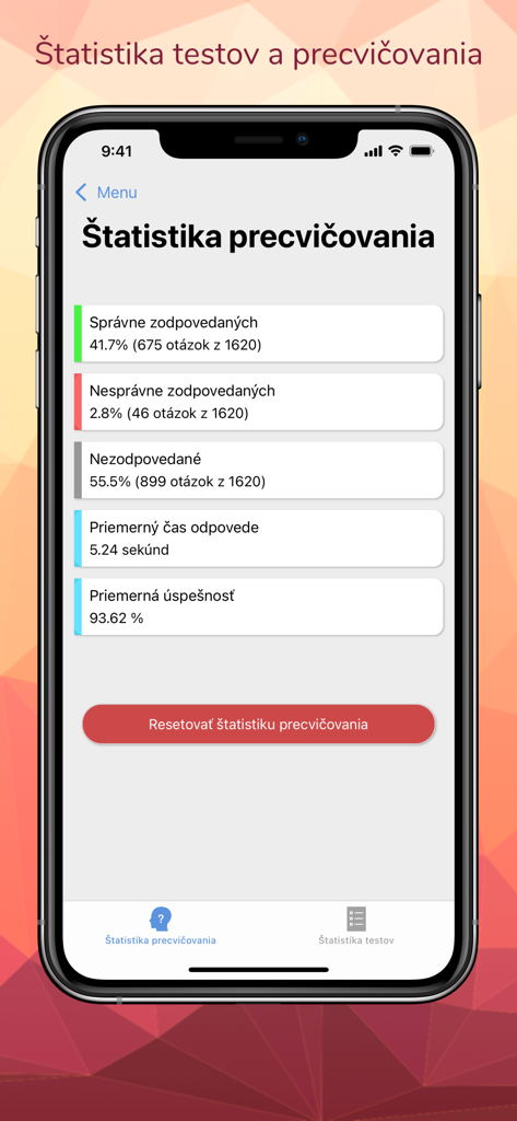 Slovak driving school app screen displaying practice statistics including correct and incorrect answers and success rate