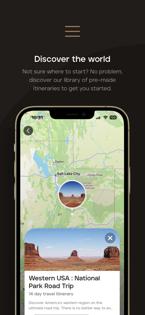 La aplicación móvil TripMapper muestra una biblioteca de itinerarios de viaje prehechos con un mapa de carretera del oeste de EE. UU.