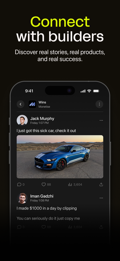 Whop - Interfaz de la aplicación móvil Whop que muestra un feed de comunidad social donde los creadores comparten historias de éxito y logros empresariales.