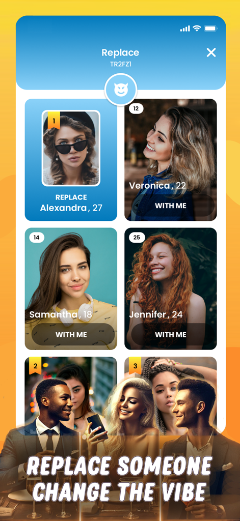Blender Dating App Meet & Date - Blender dating app screen showing the feature to replace someone in a group event lineup to change the vibe