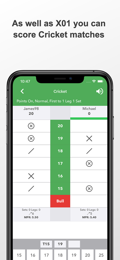 Cricket game mode scoring interface on the Darts Scoreboard app.