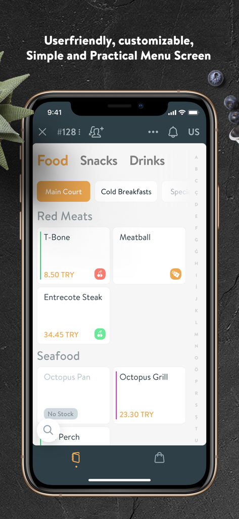 SIMPRA POS - Cloud Based RMS - Simpra POS mobile app menu interface displaying food categories like Red Meats and Seafood.