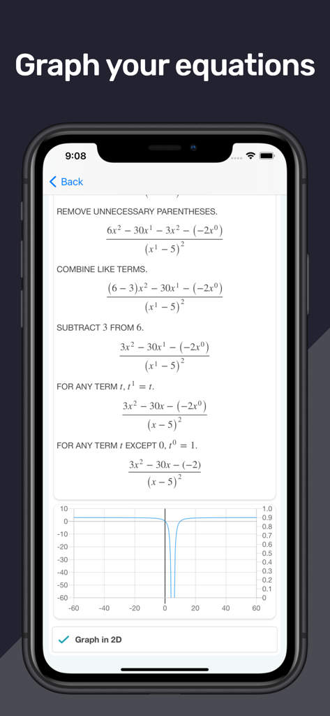 Math Scaner - AI Math Solver - Math Scanner app showing step by step algebra solution and a 2D equation graph