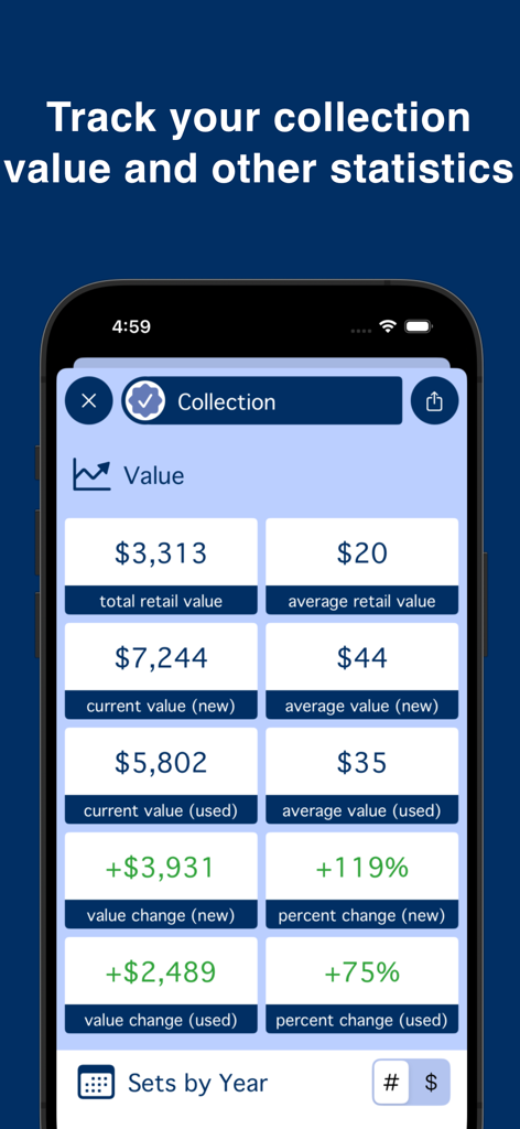 omgbricks for LEGO Sets - Dashboard showing total value and price statistics for a LEGO collection in the omgbricks app