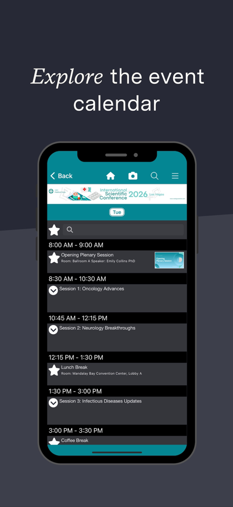 Eventscribe - The Eventscribe app interface showing a detailed daily conference agenda with session times and speaker information.