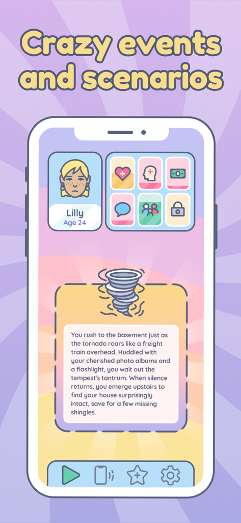 Everlife game screen showing a tornado scenario for character Lilly