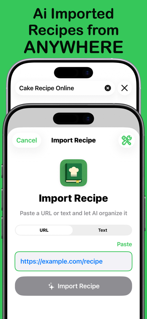 Cook-Book | Ai Powered Recipes - Smartphone screen demonstrating the AI powered recipe import feature from any website URL