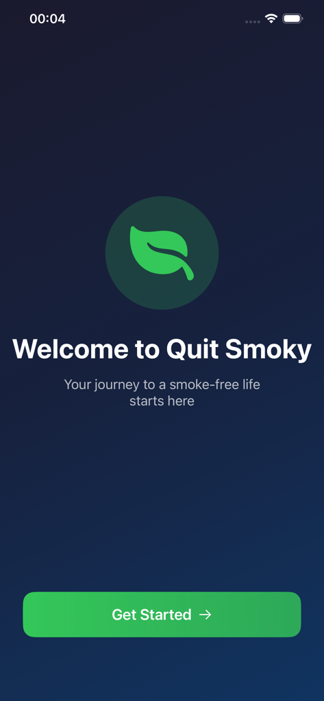Quit Smoky: Stop Smoking - Welcome screen of the Quit Smoky app featuring a green leaf logo and a get started button on a dark background
