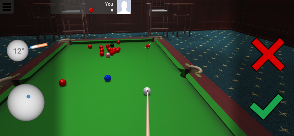 Snooker Pro Online - Realistic 3D snooker gameplay showing a cue stick aiming at a white ball on a green table