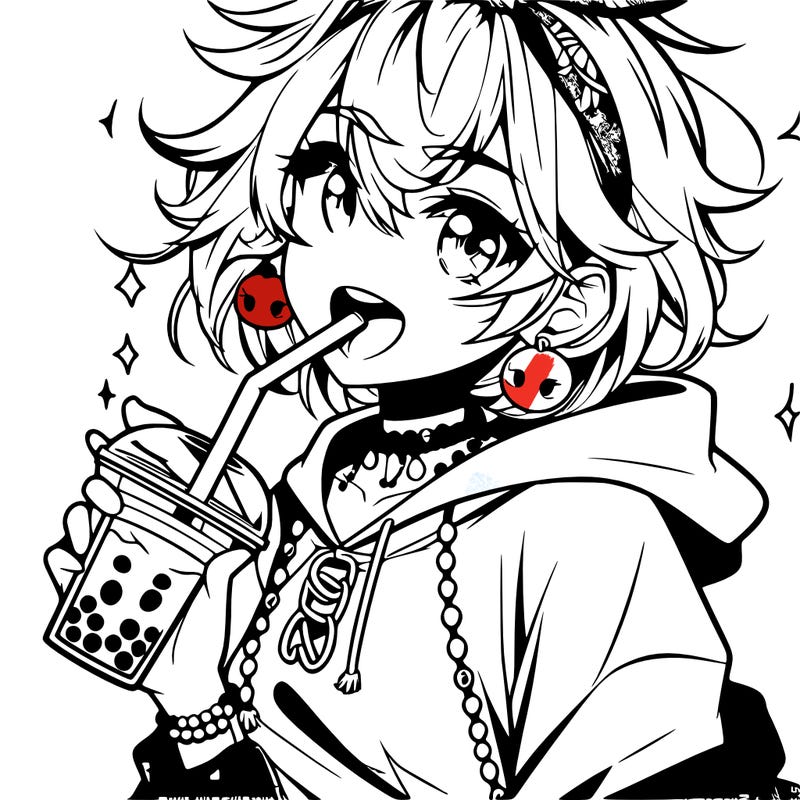 hot baddie anime girl drinking boba and biting the straw