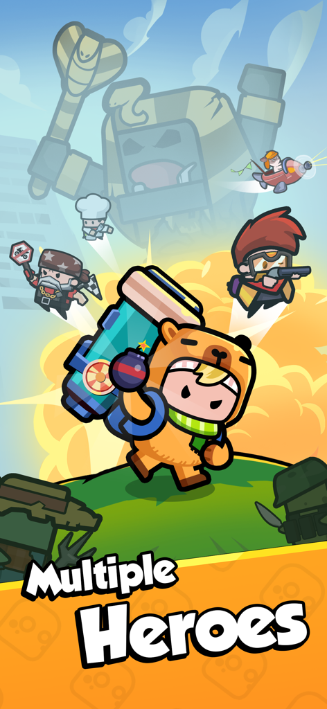 Popcorn Legend - A colorful illustration featuring various hero characters from the game Popcorn Legend including a bear-themed hero with a cannon.