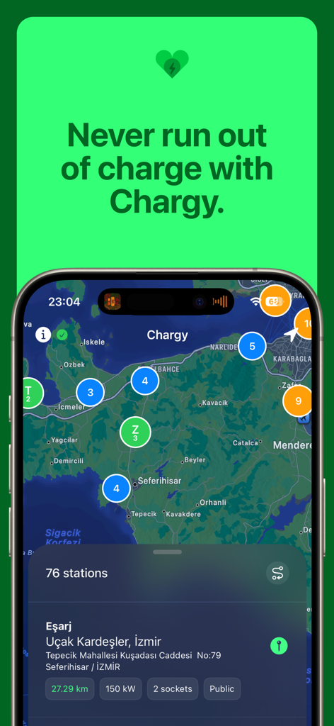 Chargy: EV Charging Stations - iPhone screenshot of the Chargy app displaying a map with several electric vehicle charging station markers and a detailed station card at the bottom.