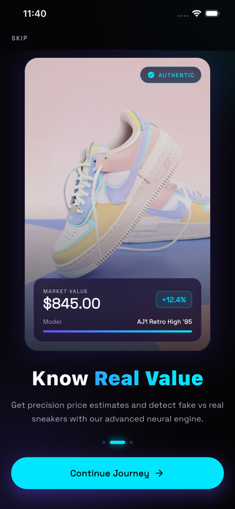 Sneaker Scanner: Shoe-Identify - Mobile app interface showing the estimated market value and authenticity status of a scanned sneaker