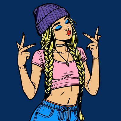 realistic teenage girl with braids and a beanie and crop top doing 🫶🏼