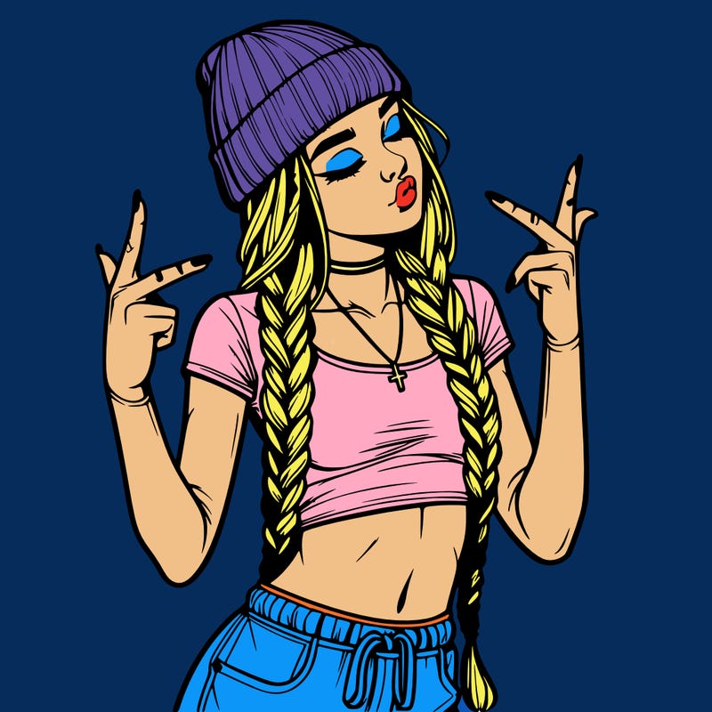 realistic teenage girl with braids and a beanie and crop top doing 🫶🏼