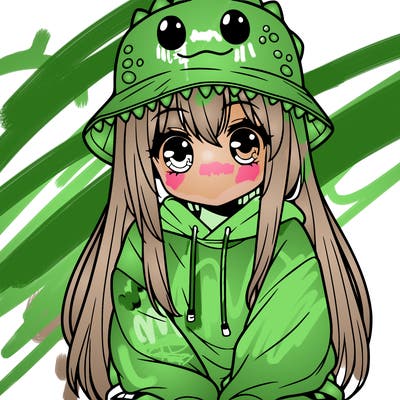 girl with anime shaped eyes with a dinosaur bucket hat oversized sweatshirt long straight hair