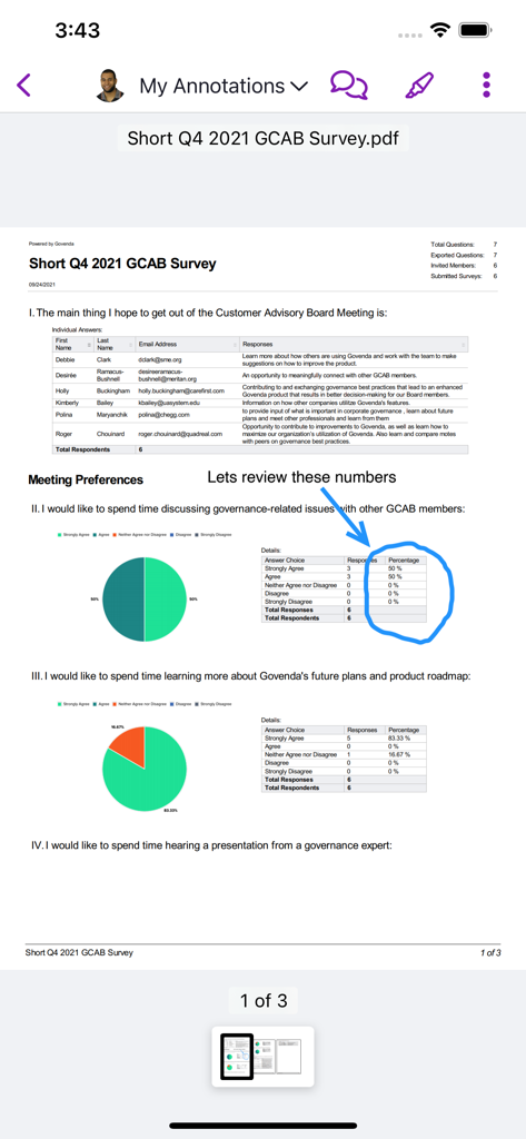 Interface do aplicativo Govenda mostrando um relatório de pesquisa em PDF com anotações digitais manuscritas e gráficos de dados.