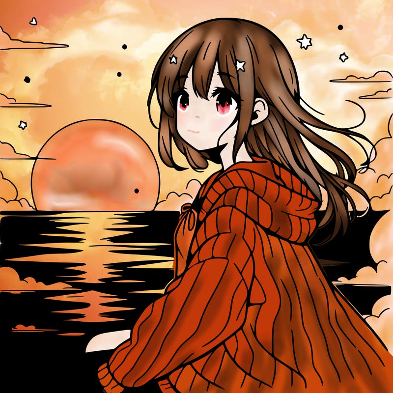 anime girl beside sun set