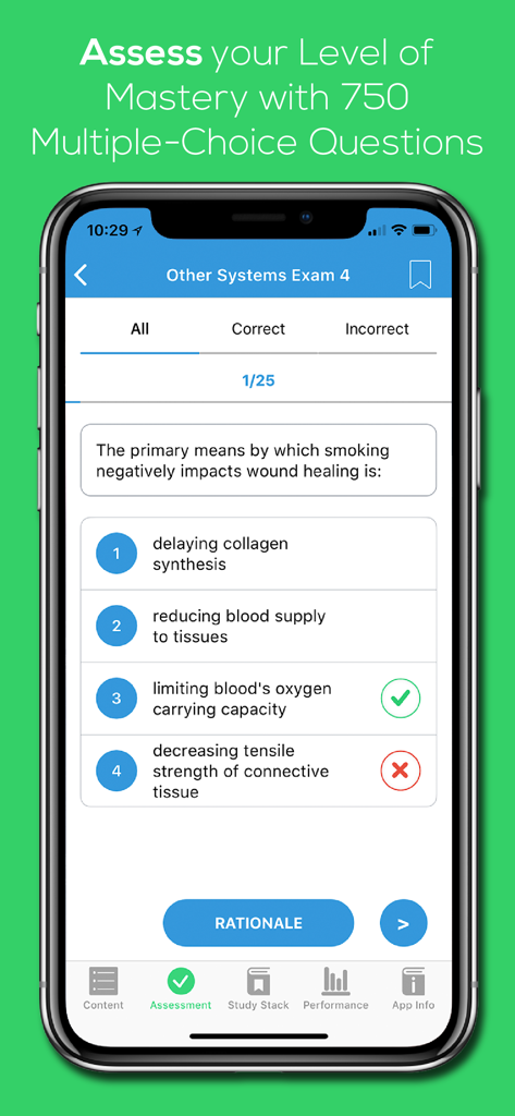 A practice multiple-choice question on the PT Content Master app showing options and correct answer for a physical therapy exam