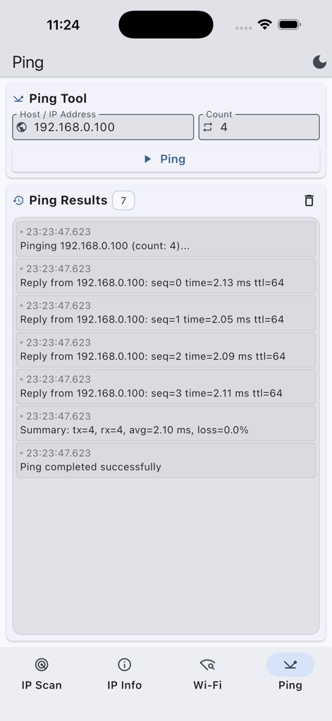 Advanced IP Scanner app screenshot showing a successful ping test result for a local network IP address