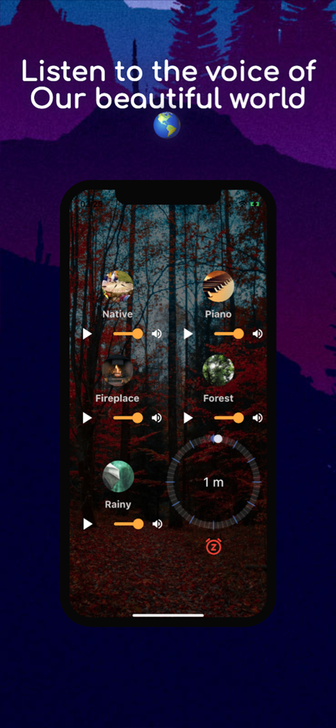 Nature Sounds : Relax & Calm - Interfaz de la app Sonidos de la Naturaleza con opciones de mezcla de sonido y controles de volumen sobre un fondo de bosque