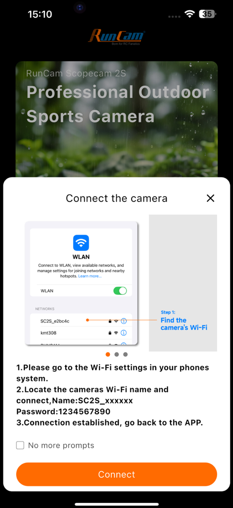 RunCam App - Instructions for connecting a RunCam action camera to the mobile app via Wi-Fi settings.