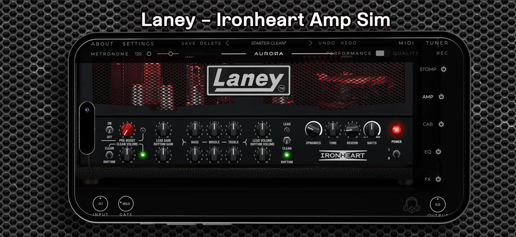 Laney - Ironheart Guitar Amp - Interfaz de la aplicación de simulación de amplificador de guitarra Laney Ironheart que muestra el cabezal virtual del amplificador con perillas de control en la pantalla de un dispositivo móvil